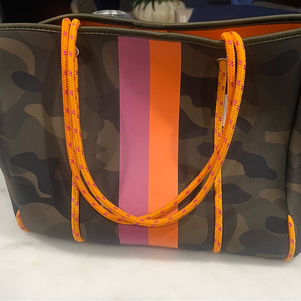 Trendy Camouflage Tote with Orange and Pink Stripes